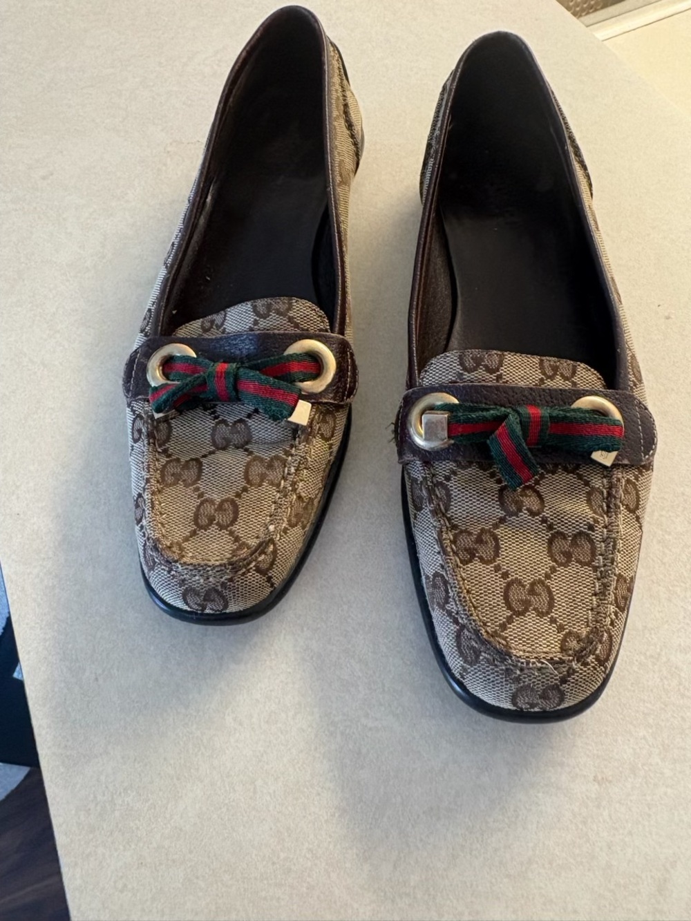 Gucci Brown Monogram Canvas Loafers with Green-Red Web Bow